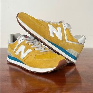 New Balance Men's Suede Mesh Sneakers in Yellow with White and Blue Accents